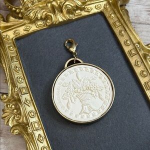 John Wind Gold and Large White Intaglio Floral Basket Pendant Charm